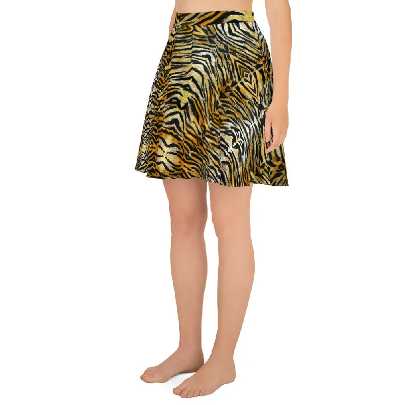 Orange Tiger Striped Skater Skirt, Women's Animal Print A-Line Tennis Skirt-Made in USA/EU modal blend skirt Orange Tiger Striped Skater Skirt, Women's Animal Print A-Line Tennis Skirt-Made in USA/EU modal blend skirt