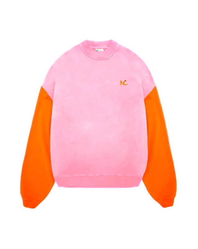 CONTRAST OVERSIZED SWEATSHIRT - PINK & ORANGE Hoodie with Hem Applique Textured Unique CONTRAST OVERSIZED SWEATSHIRT - PINK & ORANGE Hoodie with Hem Applique Textured Unique