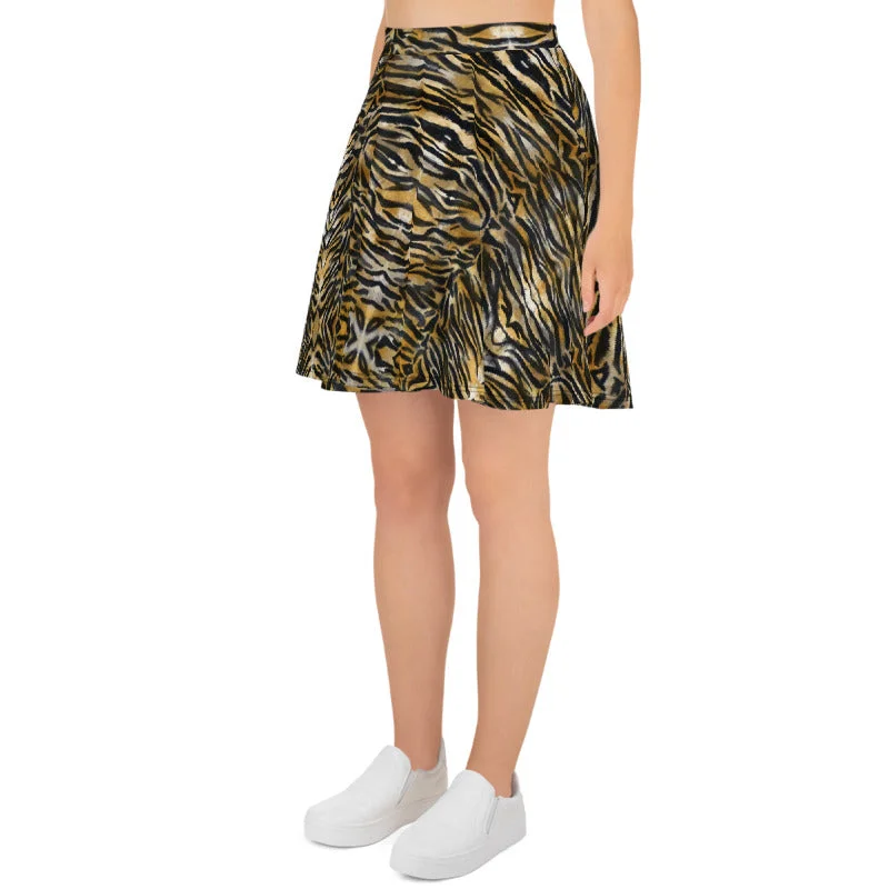 Brown Tiger Stripe Skater Skirt, Animal Print Women's Flared A-Line Skirt-Made in USA/EU tiered skirt playful Brown Tiger Stripe Skater Skirt, Animal Print Women's Flared A-Line Skirt-Made in USA/EU tiered skirt playful