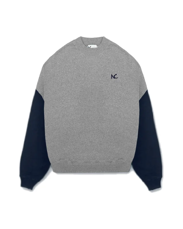 CONTRAST OVERSIZED SWEATSHIRT - MELANGE GREY & NAVY BLUE Hoodie with Hem Patch Decorative Personalized CONTRAST OVERSIZED SWEATSHIRT - MELANGE GREY & NAVY BLUE Hoodie with Hem Patch Decorative Personalized