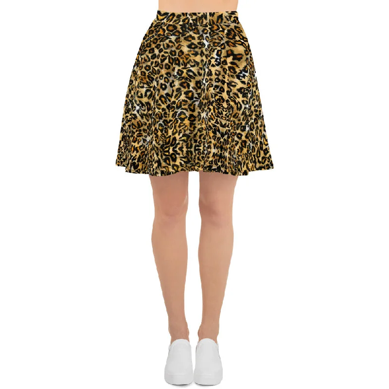 Brown Leopard Skater Skirt, Animal Print Women's A-Line Tennis Skater Skirt-Made in USA/EU belted skirt waist Brown Leopard Skater Skirt, Animal Print Women's A-Line Tennis Skater Skirt-Made in USA/EU belted skirt waist