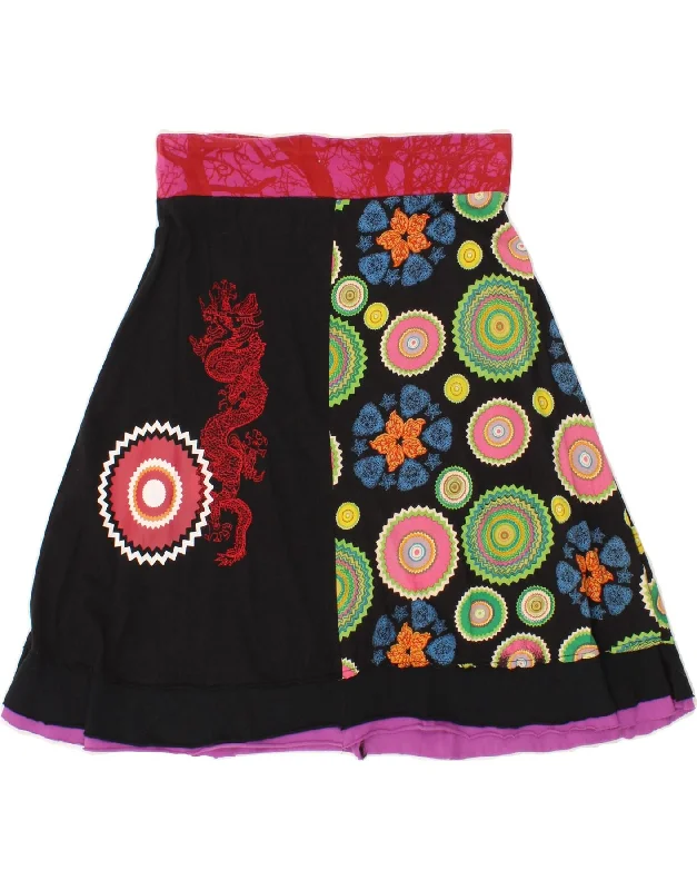 DESIGUAL Womens Graphic A-Line Skirt Large W32  Black Floral Cotton corduroy skirt comfortable