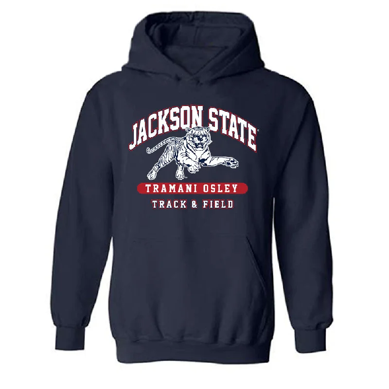 Jackson State - NCAA Women's Track & Field : Tramani Osley - Classic Fashion Shersey Hooded Sweatshirt Hoodie with Patch Decorative Personalized Jackson State - NCAA Women's Track & Field : Tramani Osley - Classic Fashion Shersey Hooded Sweatshirt Hoodie with Patch Decorative Personalized