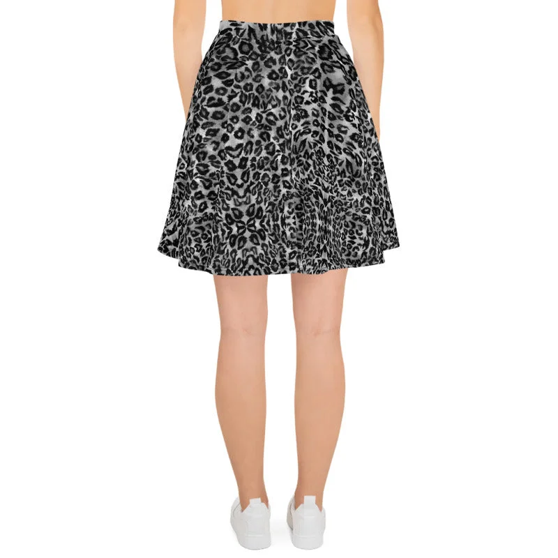 Gray Leopard Skater Skirt, Animal Print Women's A-Line Tennis Flared Skirt-Made in USA/EU patchwork skirt art Gray Leopard Skater Skirt, Animal Print Women's A-Line Tennis Flared Skirt-Made in USA/EU patchwork skirt art