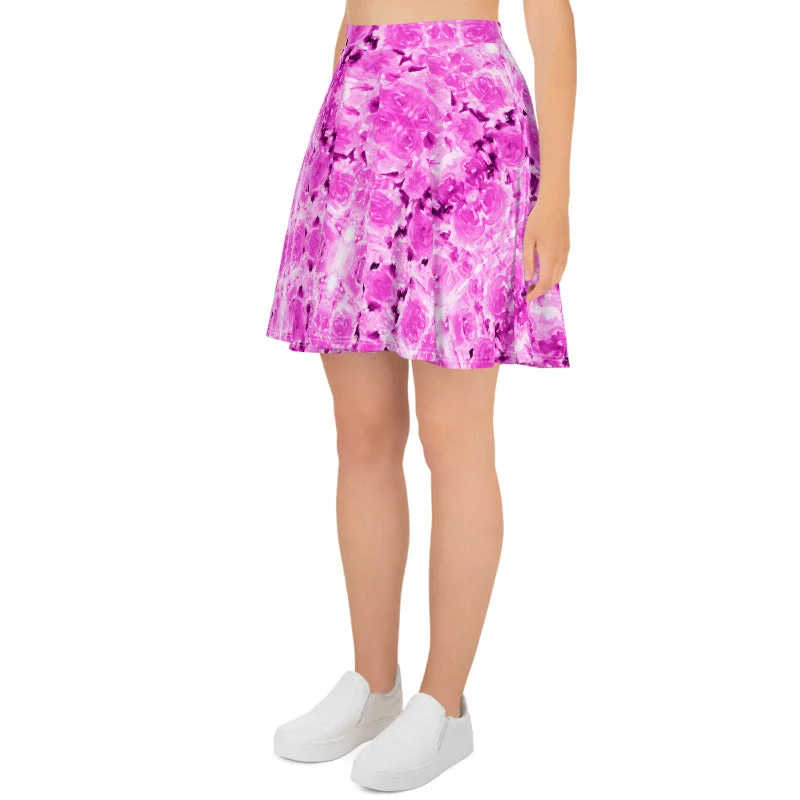 Pink Rose Floral Skater Skirt, Flower Print Women's Tennis A-Line Skirt-Made in USA/EU flowy skirt hem Pink Rose Floral Skater Skirt, Flower Print Women's Tennis A-Line Skirt-Made in USA/EU flowy skirt hem