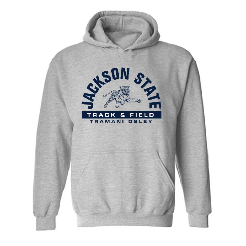 Jackson State - NCAA Women's Track & Field : Tramani Osley - Classic Fashion Shersey Hooded Sweatshirt Hoodie with Embroidery Detailed Premium Jackson State - NCAA Women's Track & Field : Tramani Osley - Classic Fashion Shersey Hooded Sweatshirt Hoodie with Embroidery Detailed Premium