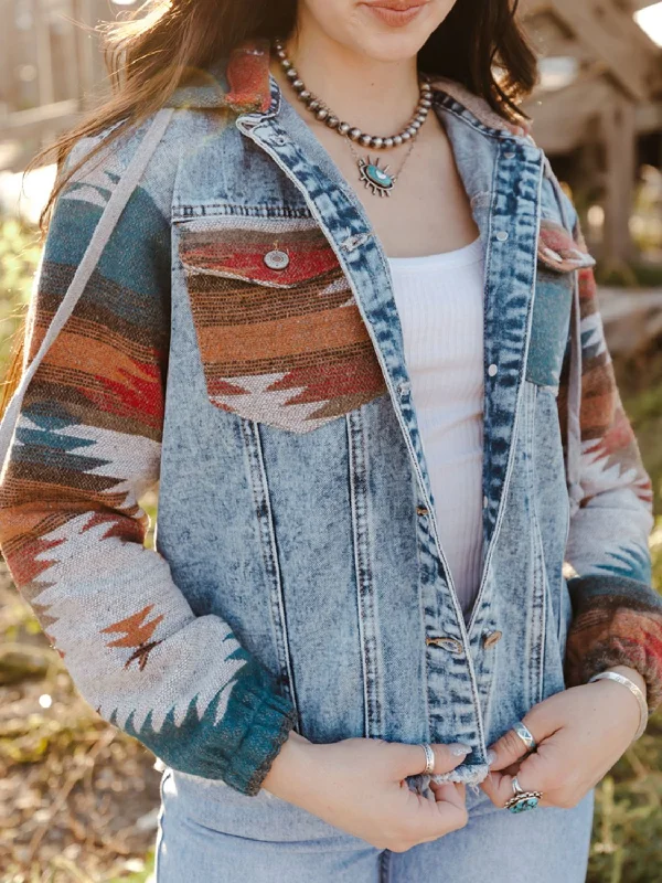 Hazel Blues® | Raw Hem Geometric Hooded Denim Jacket Knit Fabric Woven Fabric Fleece Fabric Hazel Blues® | Raw Hem Geometric Hooded Denim Jacket Knit Fabric Woven Fabric Fleece Fabric