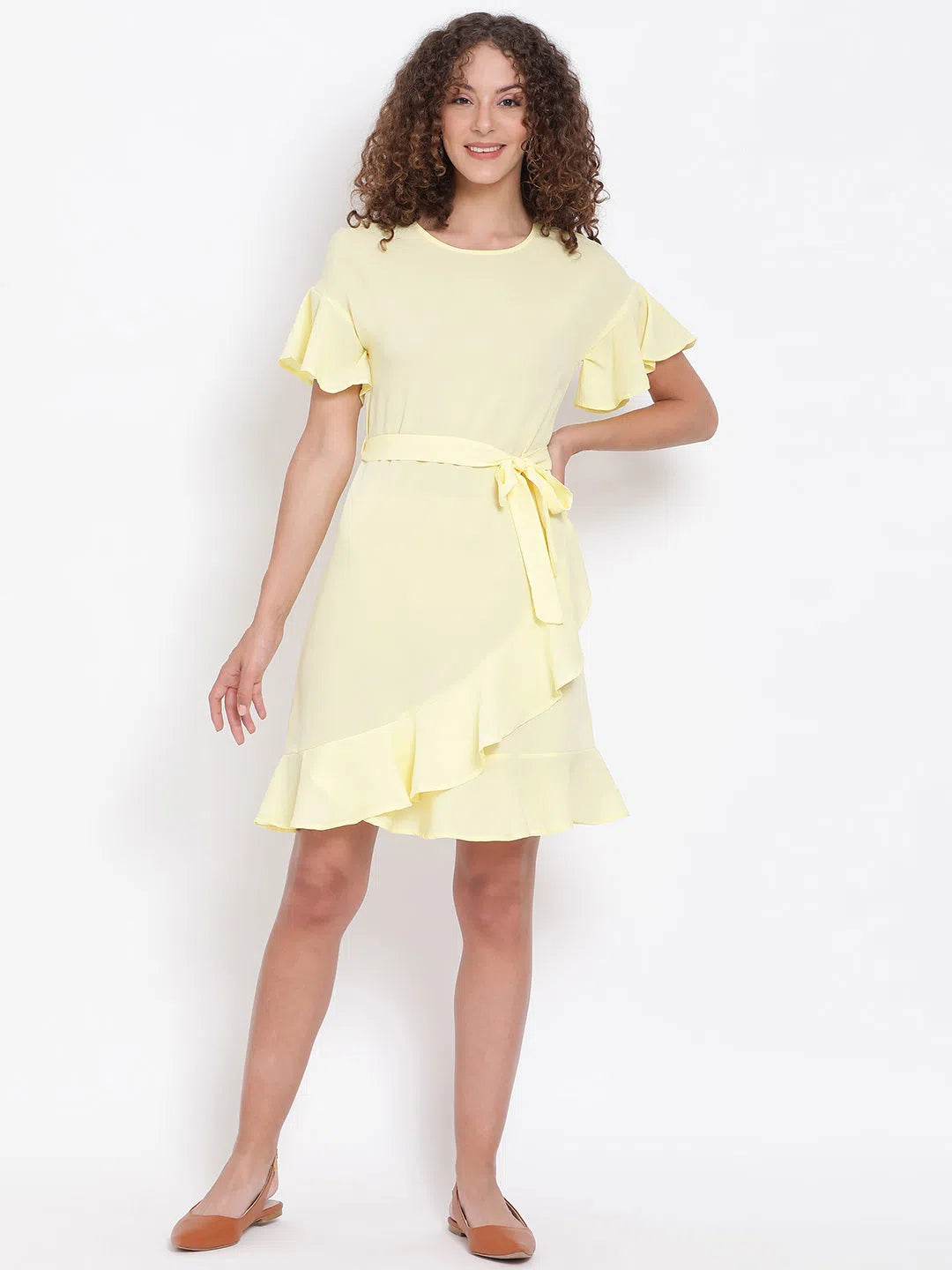 Pastel Yellow Frilled Tie-Up Dress