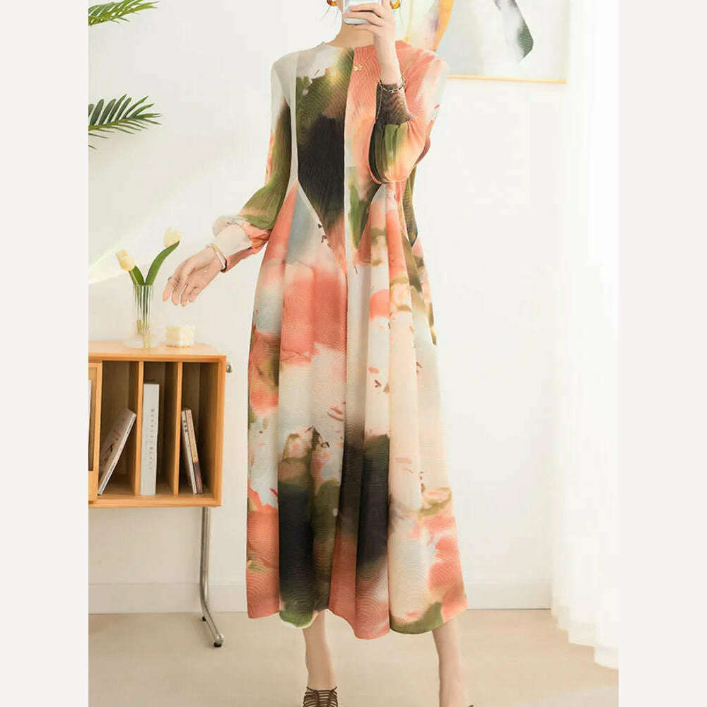 LANMREM Contrast Color Print Pleated Dress For Women A-line Fashion Lantern Sleeves Long Dresses Evening Party 2024 New 32C742 LANMREM Contrast Color Print Pleated Dress For Women A-line Fashion Lantern Sleeves Long Dresses Evening Party 2024 New 32C742