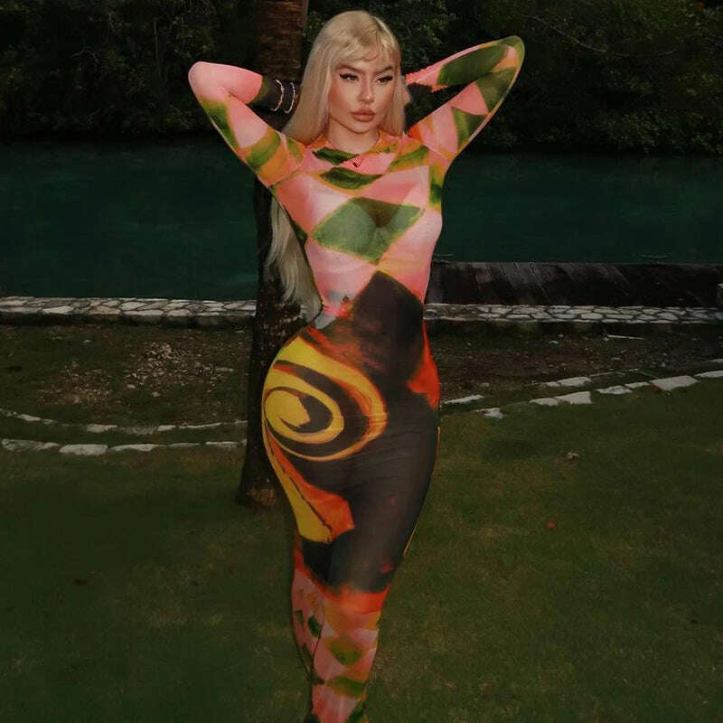 Hawthaw Women Long Sleeve Mesh See Through Bodycon Streetwear Long Dress 2023 Summer Clothes Wholesale Items For Business Hawthaw Women Long Sleeve Mesh See Through Bodycon Streetwear Long Dress 2023 Summer Clothes Wholesale Items For Business