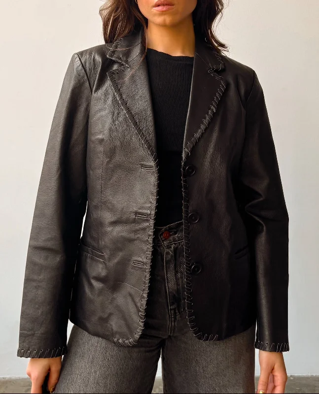 Espresso Whipstitch Leather Blazer Jacket - 8 Welt Pockets Slit Pockets Flap Pockets Espresso Whipstitch Leather Blazer Jacket - 8 Welt Pockets Slit Pockets Flap Pockets