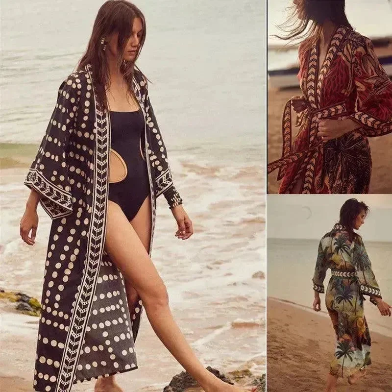 New Sunscreen Printed Long Sleeve Cardigan Bohemian Beach Dress Silk Blend Satin Velvet New Sunscreen Printed Long Sleeve Cardigan Bohemian Beach Dress Silk Blend Satin Velvet
