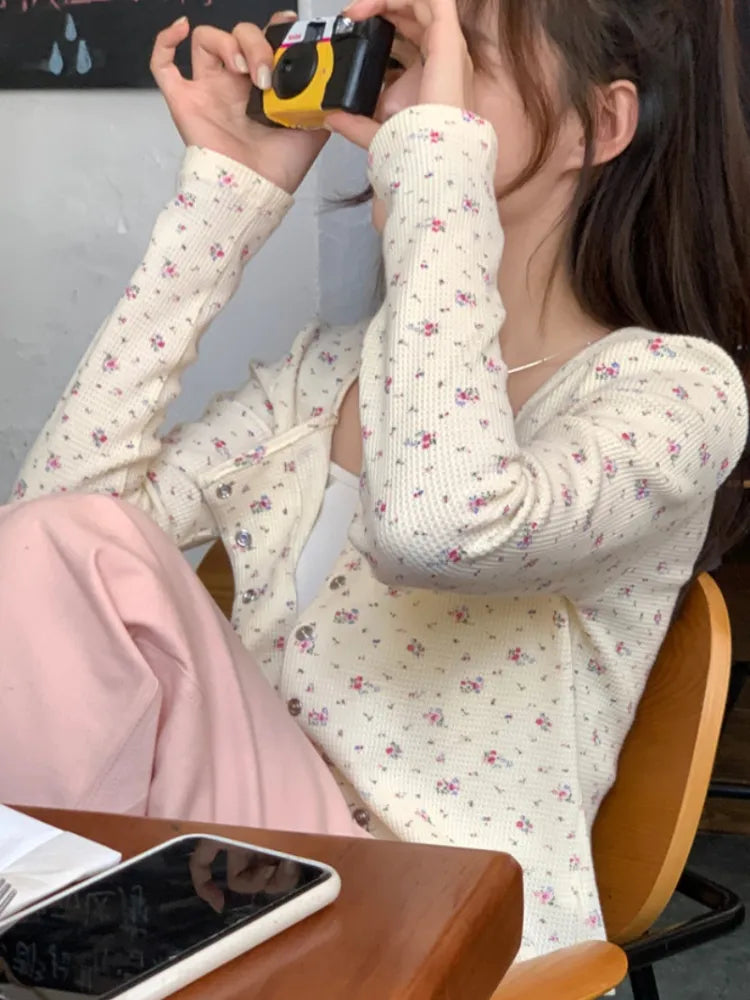 Advbridge Age Reduction Floral Cardigan Vintage Square Neck Thin Sunscreen Knit Crop Tops Autumn Womens Clothing Sueters De Mujer Stylish Fashionable Trendy