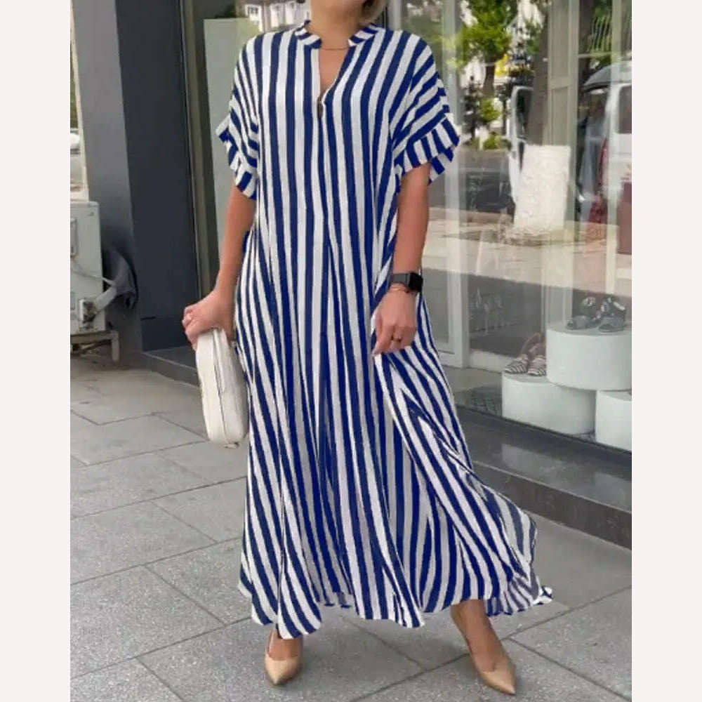 2024 AliExpress Europe and America Plus Size Women's Cross border Summer New Product Split Casual Stripe Short sleeved Dress 2024 AliExpress Europe and America Plus Size Women's Cross border Summer New Product Split Casual Stripe Short sleeved Dress