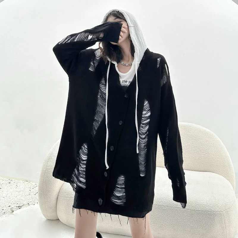 Hollow Long Sleeve Knitted Cardigan Transparent Opaque Sheer