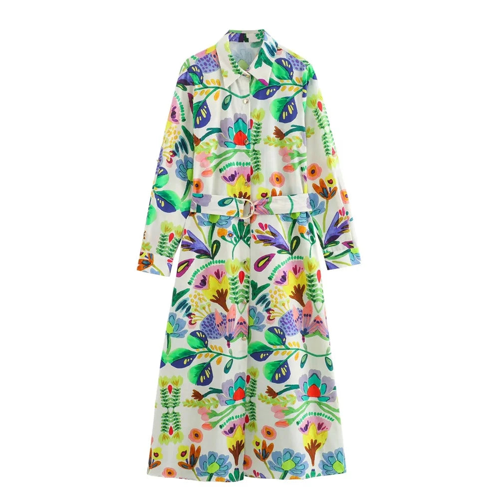 Advbridge  2024 Summer New Women's Polo Collar Long sleeved Flower Printed Poplin Belt Shirt Style Dress