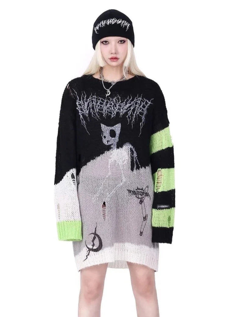 PINKSPINK Skeletal Cat Graphic Sweater - Black/Neon Green and Pink/Black Solid Print Embellished PINKSPINK Skeletal Cat Graphic Sweater - Black/Neon Green and Pink/Black Solid Print Embellished