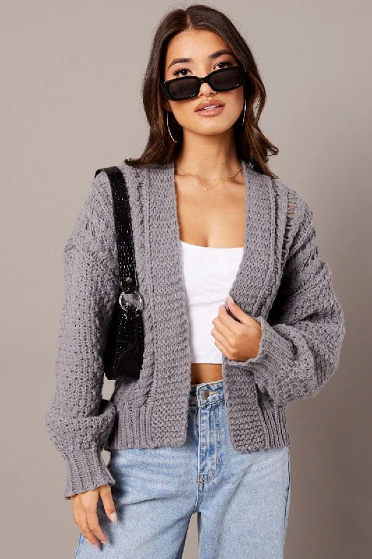 Grey Knit Cardigan Long Sleeve Relaxed Fit Cable Herringbone Houndstooth Plaid