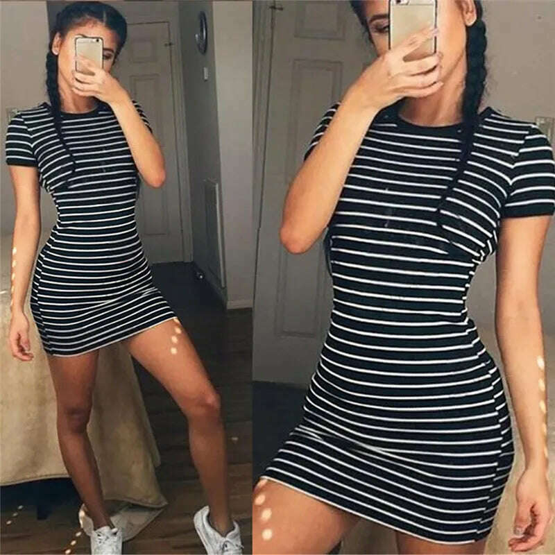 Summer Round Neck Enough Stock Short-sleeved Dress Black And White Striped Dresses Casual Elegant Sheath Slim Dress Summer Round Neck Enough Stock Short-sleeved Dress Black And White Striped Dresses Casual Elegant Sheath Slim Dress