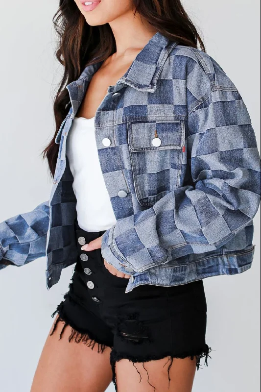 Hazel Blues® | Checkered Button Up Denim Jacket One-Shoulder Jacket Off-the-Shoulder Jacket Asymmetrical Jacket Hazel Blues® | Checkered Button Up Denim Jacket One-Shoulder Jacket Off-the-Shoulder Jacket Asymmetrical Jacket