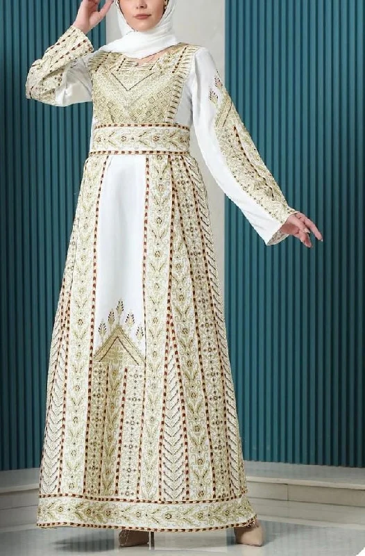 Fabulous Palestinian Embroidered White Thobe Dress with Gold Densed Amazing Embroidery Fabulous Palestinian Embroidered White Thobe Dress with Gold Densed Amazing Embroidery