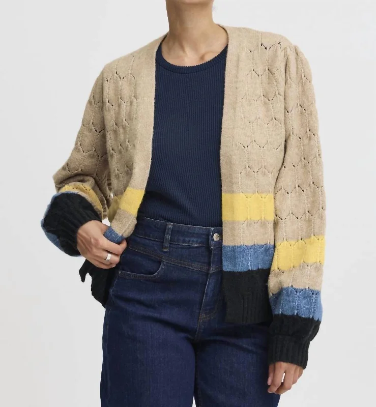 Bynillo Knit Petal Texture Striped Cardigan In Taupe Mix Fitted Loose Oversized