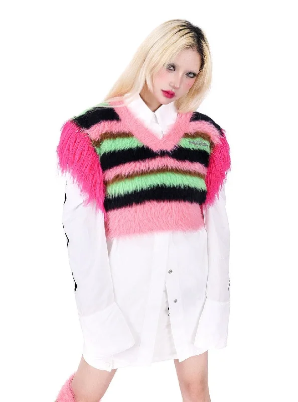 PINKSPINK Neon Rave Fuzzy Crop Sweater - Pink/Green Multi Satin Blend Silk Blend Wool Blend PINKSPINK Neon Rave Fuzzy Crop Sweater - Pink/Green Multi Satin Blend Silk Blend Wool Blend