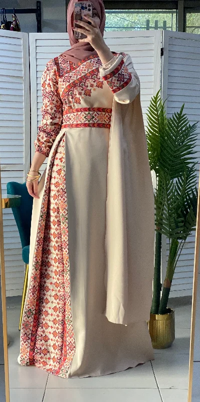 Elegant Beige and Melon Shoulder Details Embroidered Dress