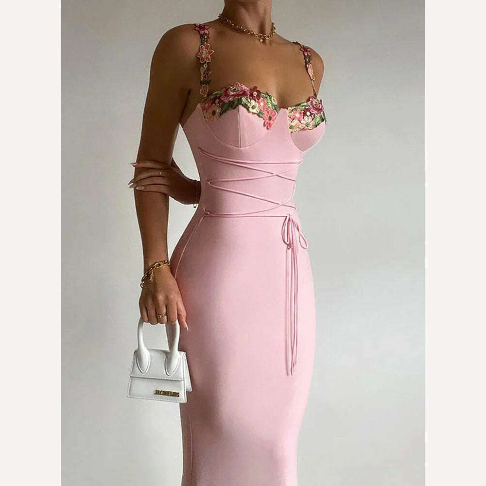 Autumn Winter Sexy Sleeveless Backless Floral Maxi Long Dresses Outfits for Women Lace Up Bandage Bodycon Party Club Dress Gift