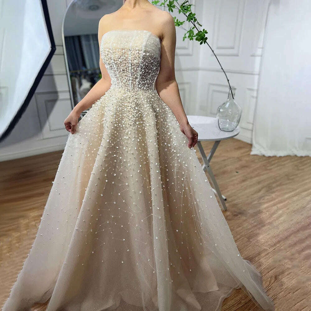 Arabic Beige Sexy A Line Beaded Elegant Long Evening Dresses Gowns For Women Wedding Party With Gloves 2023 BLA72009 Serene Hill