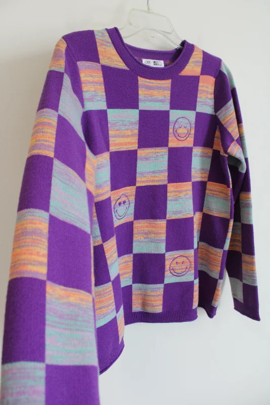 LOGO Lori Goldstein Smiley World Purple Checked Knit Sweater | M Elasticated Padded Insulated LOGO Lori Goldstein Smiley World Purple Checked Knit Sweater | M Elasticated Padded Insulated
