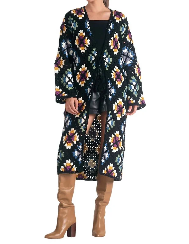 Valentina Granny Square Sweater Cardigan In Multi Black Nylon Fabric Polyester Fabric Spandex Fabric Valentina Granny Square Sweater Cardigan In Multi Black Nylon Fabric Polyester Fabric Spandex Fabric