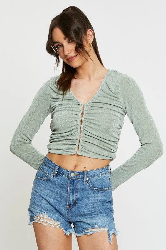 Green Crop Cardigan Long Sleeve Print Jacquard Patchwork