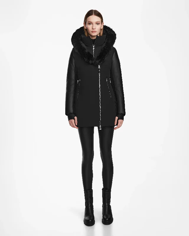AURELLE WOMEN'S MID-LENGTH FITTED DOWN PARKA WITH VEGAN LEATHER SLEEVES Warm Hoodie Parka Jacket AURELLE WOMEN'S MID-LENGTH FITTED DOWN PARKA WITH VEGAN LEATHER SLEEVES Warm Hoodie Parka Jacket