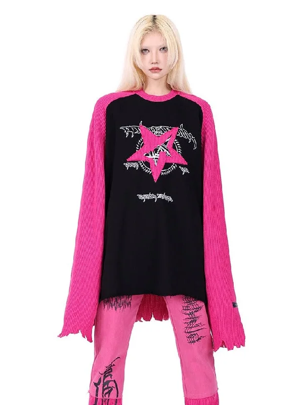 PINKSPINK Pentagram Raglan Sweater - Black/Grey and Black/Pink Ribbed Striped Patterned PINKSPINK Pentagram Raglan Sweater - Black/Grey and Black/Pink Ribbed Striped Patterned