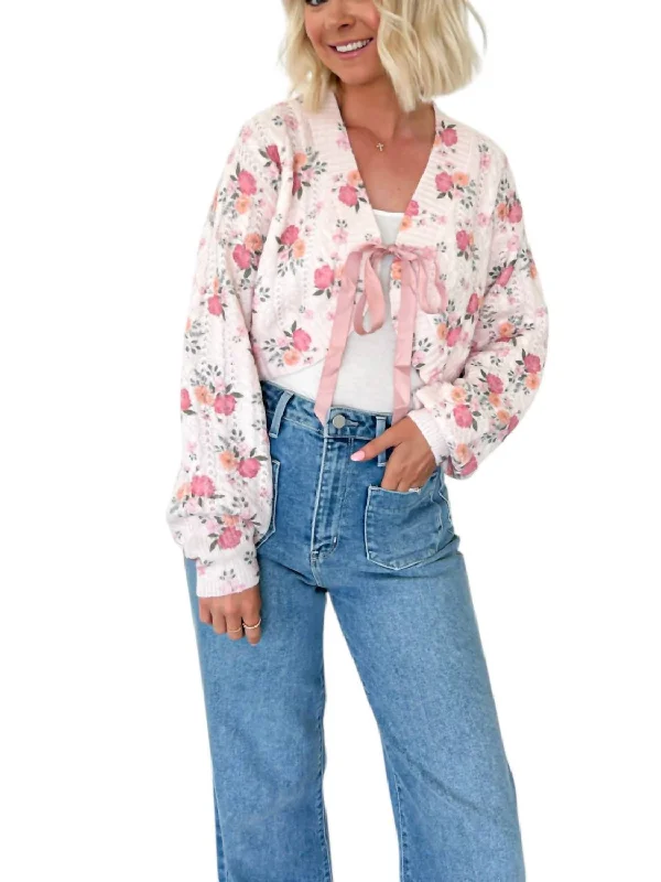 Pretty As Can Be Cropped Floral Cardigan In Pink Lightweight Heavyweight Midweight