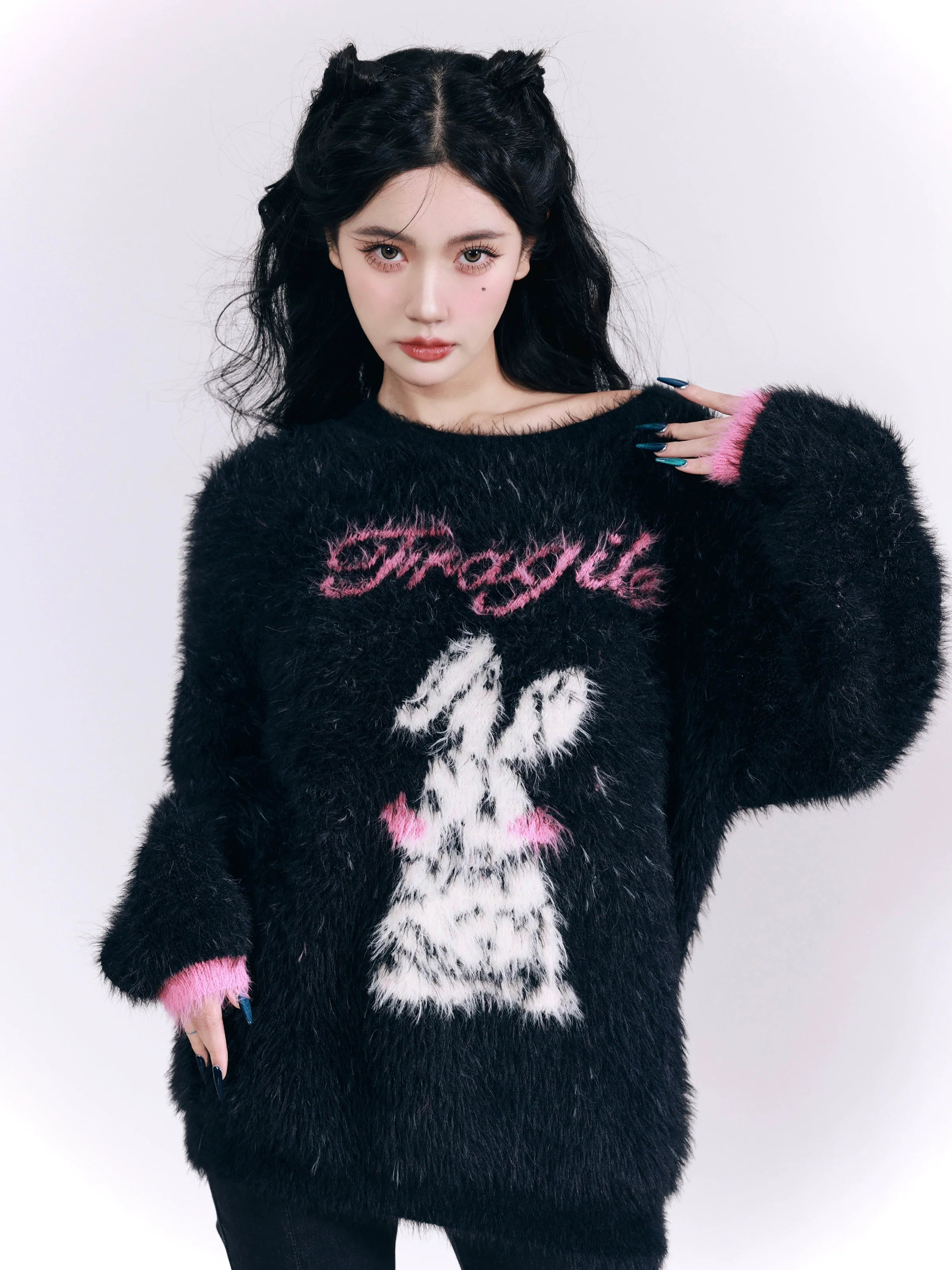 Fuzzy Bunny 'Fragile Heart' Sweater - Black and Pink Fluffy Graphic Jumper Casual Formal Business Fuzzy Bunny 'Fragile Heart' Sweater - Black and Pink Fluffy Graphic Jumper Casual Formal Business