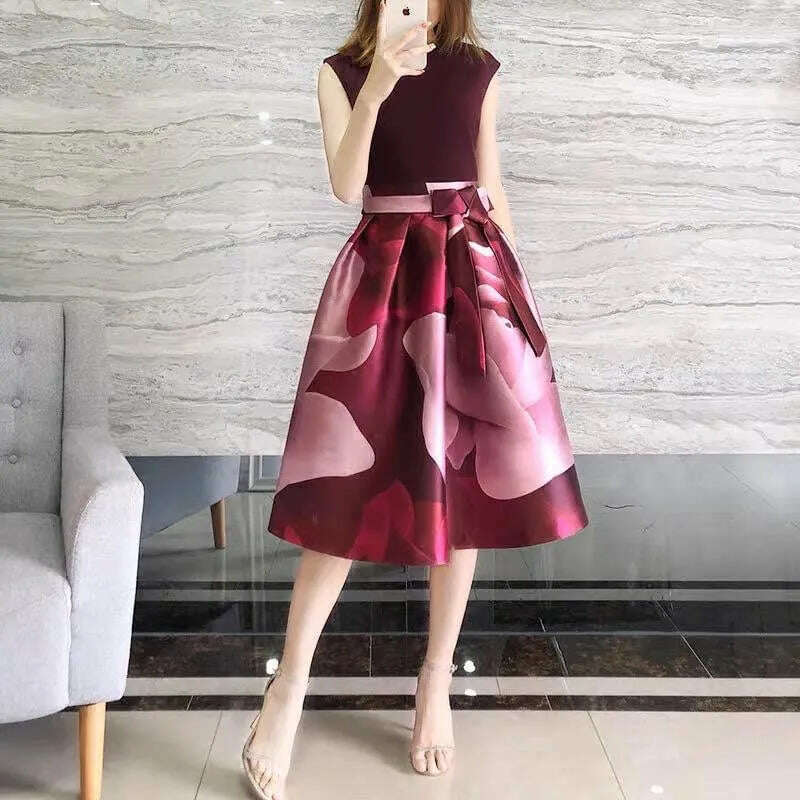 High Quality Boutique Print Women Summer Sleeveless Bow Zippler Fashion Temperment Elegant Designer Runway Party Holiday Dresses High Quality Boutique Print Women Summer Sleeveless Bow Zippler Fashion Temperment Elegant Designer Runway Party Holiday Dresses