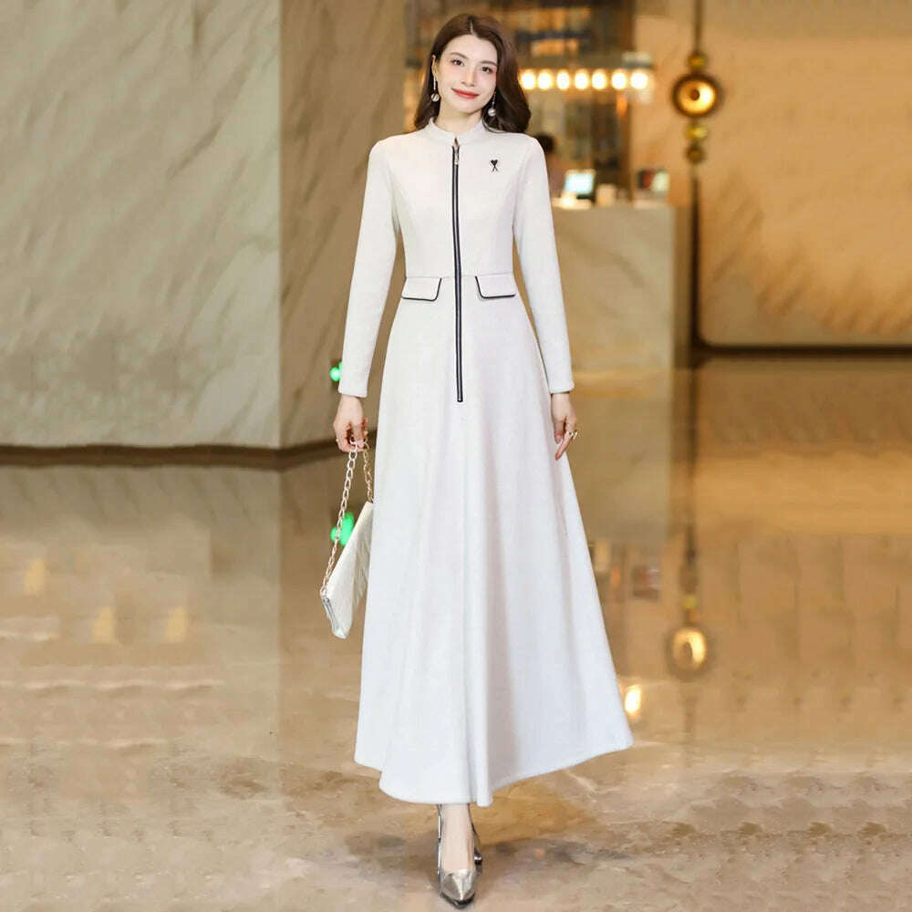 New Women Spring Autumn Long Woolen Dress Fashion Small Stand Collar Long Sleeve Slim Thick Dress Elegant Beige Overlength Dress New Women Spring Autumn Long Woolen Dress Fashion Small Stand Collar Long Sleeve Slim Thick Dress Elegant Beige Overlength Dress