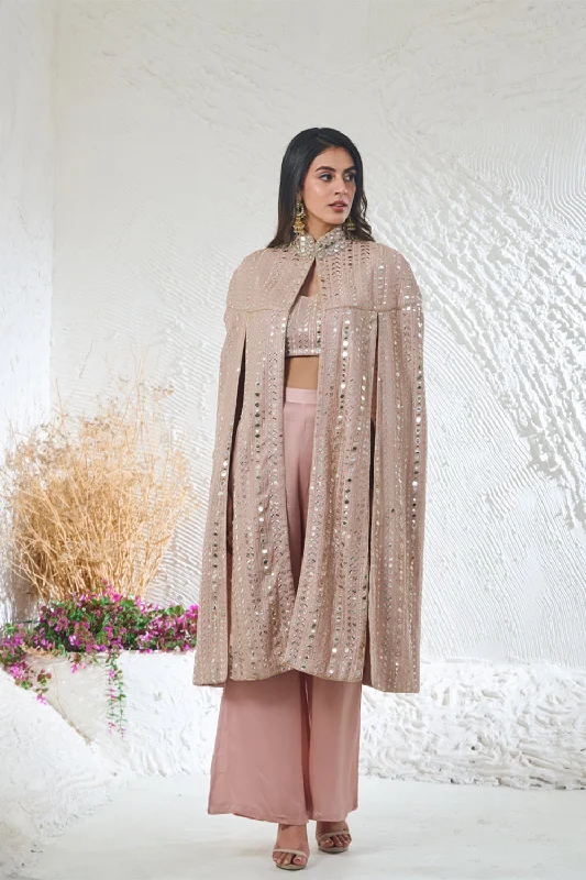 Nude Pink Cape Style Jacket With Bustier & Pants Welt Pockets Slit Pockets Flap Pockets Nude Pink Cape Style Jacket With Bustier & Pants Welt Pockets Slit Pockets Flap Pockets