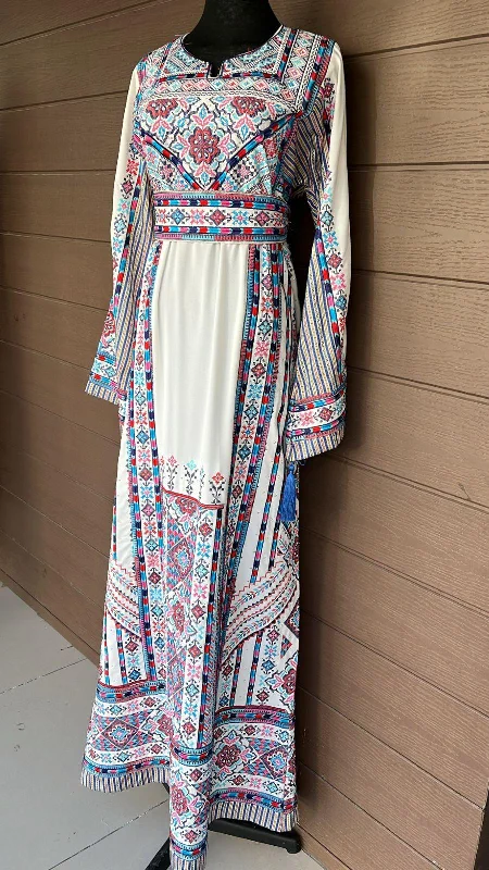 Full of Details White and Blue Palestinian Embroidered Thobe Dress with Kashmir Details Full of Details White and Blue Palestinian Embroidered Thobe Dress with Kashmir Details