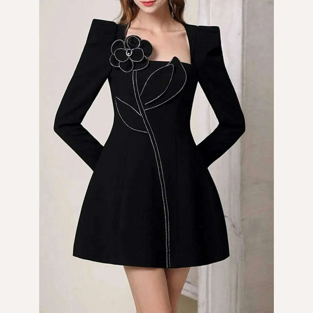 VGH spliced diamonds floral slimming dresses for women square collar long sleeve high waist temperament dress female fashion new