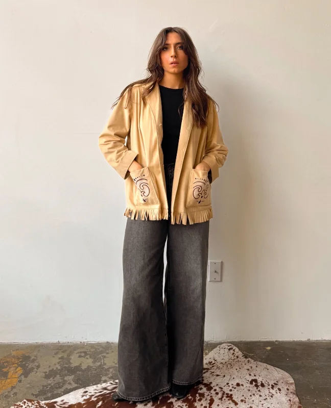 Western Fringe Hem Fleece Blazer Jacket- XS/S Front Pockets Side Pockets Patch Pockets Western Fringe Hem Fleece Blazer Jacket- XS/S Front Pockets Side Pockets Patch Pockets