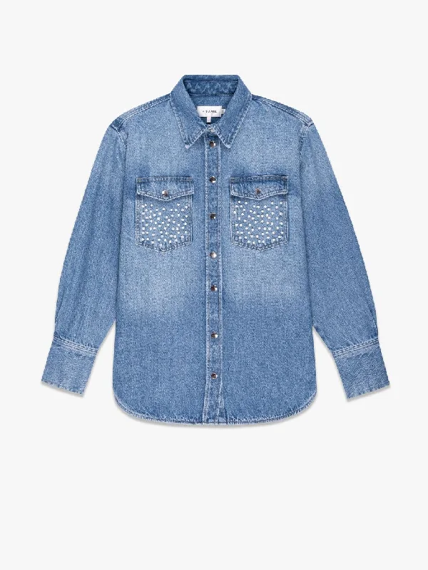 Frame Atelier Oversized Shirt Jacket in Daylight Pearl Denim Fabric Leather Fabric Suede Fabric Frame Atelier Oversized Shirt Jacket in Daylight Pearl Denim Fabric Leather Fabric Suede Fabric