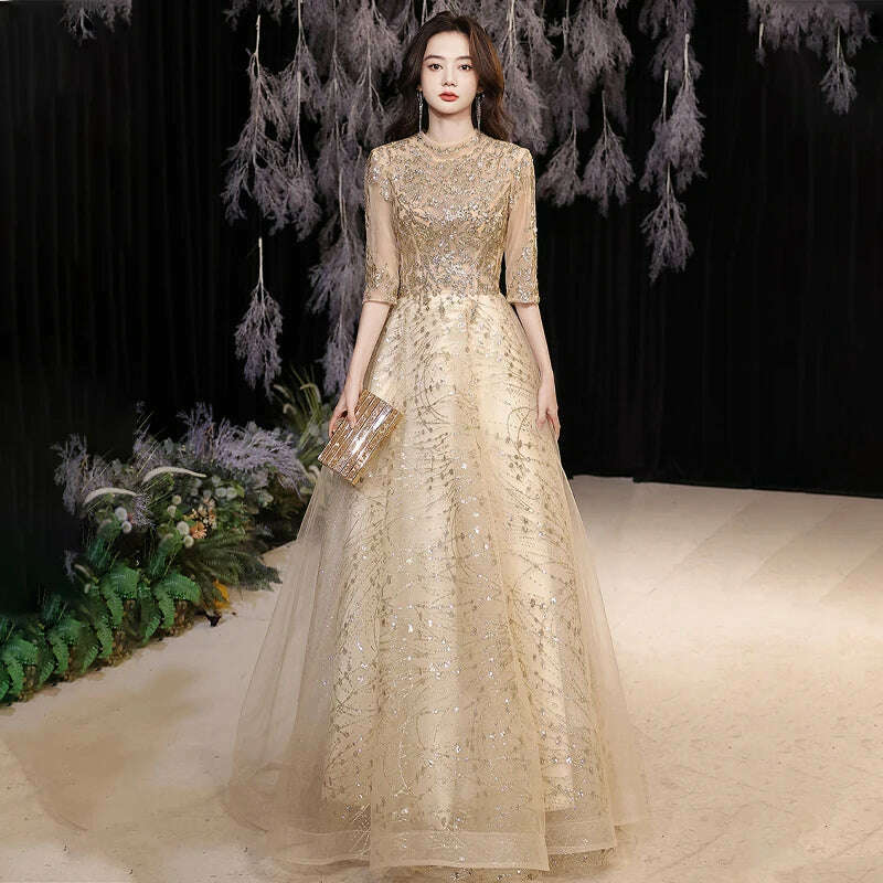 Sequins High Neck Evening Dress A-Line Half Sleeves Pleat Floor Length Lace Up Elegant Plus size Woman Formal Party Gowns XC032 Sequins High Neck Evening Dress A-Line Half Sleeves Pleat Floor Length Lace Up Elegant Plus size Woman Formal Party Gowns XC032