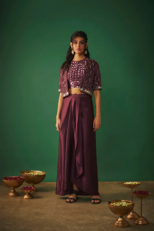Wine Mirror Embroidered Choli, Dhoti Skirt And Crop Jacket Set Satin Fabric Silk Fabric Chiffon Fabric Wine Mirror Embroidered Choli, Dhoti Skirt And Crop Jacket Set Satin Fabric Silk Fabric Chiffon Fabric