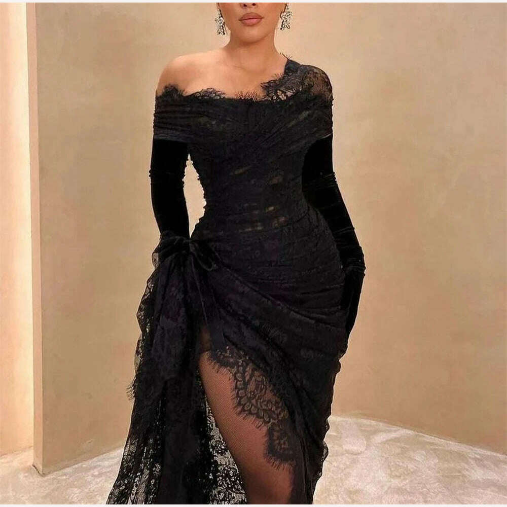 Sexy Off-the-shoulder Sheath Celebrity Party lace Flowers Fold Prom Dresses vestidos de fiesta elegantes para mujer 2023 Sexy Off-the-shoulder Sheath Celebrity Party lace Flowers Fold Prom Dresses vestidos de fiesta elegantes para mujer 2023