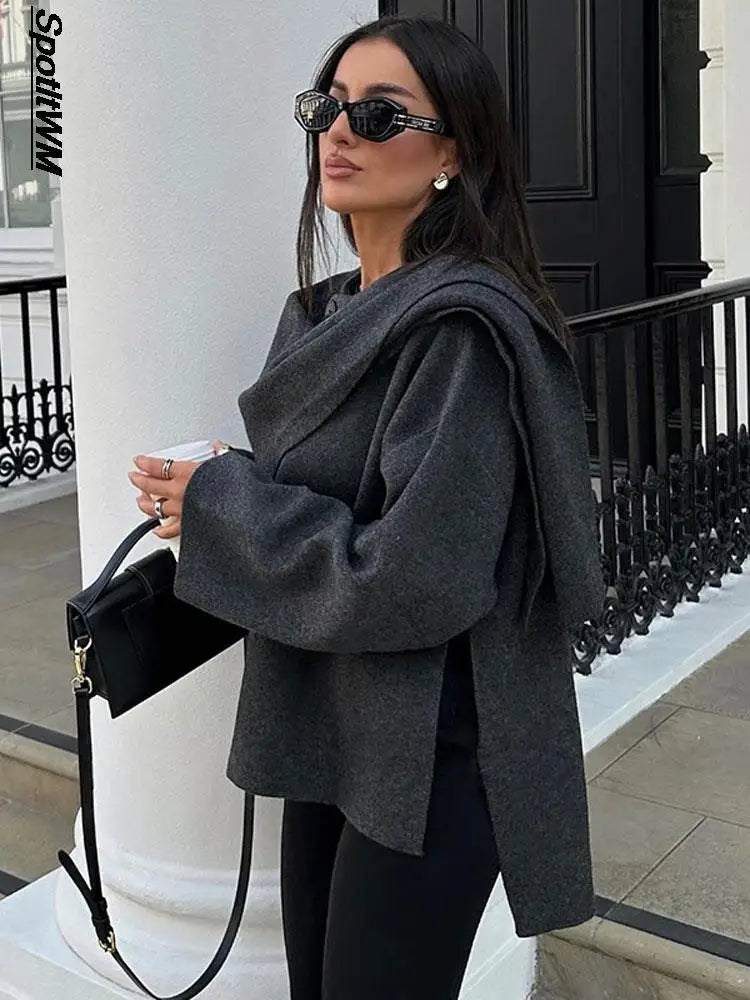 Advbridge Autumn Short Gray Knitted Cape Coat with Scarf Women Fashion Long Sleeve Loose Cardigan Female Winter Elegant Chic Streetwear Sequined Glittery Shiny Advbridge Autumn Short Gray Knitted Cape Coat with Scarf Women Fashion Long Sleeve Loose Cardigan Female Winter Elegant Chic Streetwear Sequined Glittery Shiny