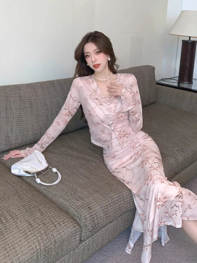 Advbridge - Chinese Style Sweet Girl Suit Women's Spring Printed Pleated Dress Long-sleeved Cardigan Two-piece Set Fashion Female Clothes Seamless Knitted Crochet Advbridge - Chinese Style Sweet Girl Suit Women's Spring Printed Pleated Dress Long-sleeved Cardigan Two-piece Set Fashion Female Clothes Seamless Knitted Crochet