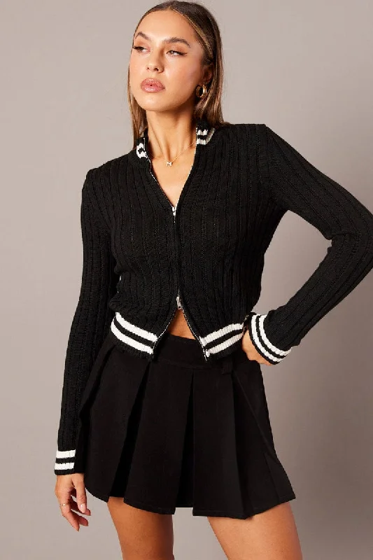 Black Zip Up Cardigan Long Sleeve Mock Neck Stripe Trim Satin Blend Silk Blend Wool Blend Black Zip Up Cardigan Long Sleeve Mock Neck Stripe Trim Satin Blend Silk Blend Wool Blend